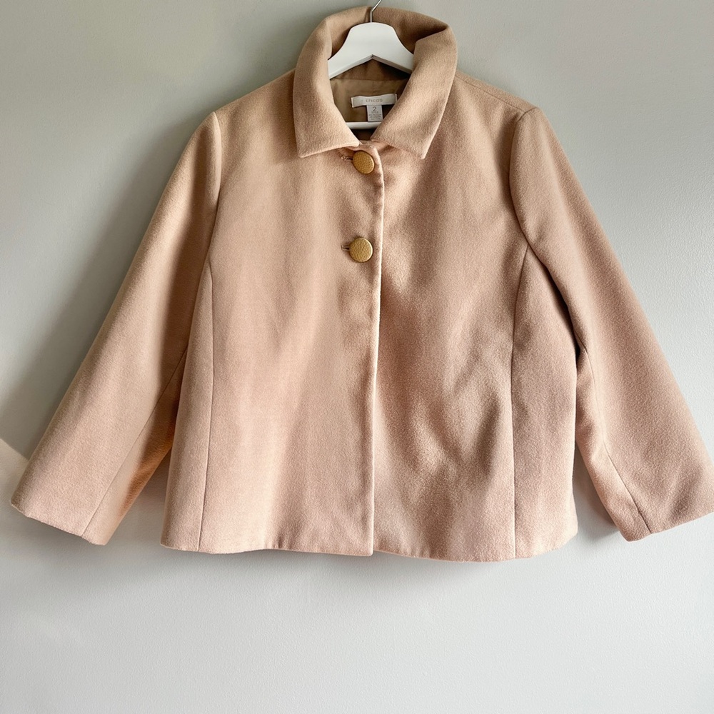Chicos pea coat womens 2 large tan camel open bottom collared lined 2 button